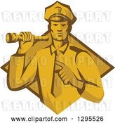 Vector Clip Art of Retro Male Police Officer or Security Guard Shining a Flashlight and Pointing over a Yellow and Brown Diamond by Patrimonio