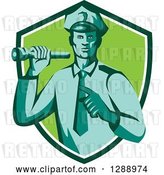 Vector Clip Art of Retro Male Police Officer Shining a Flashlight and Pointing in a Navy Blue White and Green Shield by Patrimonio