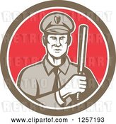 Vector Clip Art of Retro Male Policeman with a Baton in a Brown White and Red Circle by Patrimonio