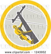 Vector Clip Art of Retro Male Power Lineman Scaling a Pole in a Circle by Patrimonio