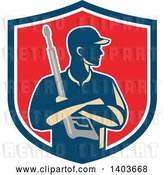 Vector Clip Art of Retro Male Pressure Washer Worker Holding a Washing Gun in Folded Arms in a Blue White and Red Shield by Patrimonio