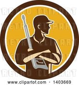 Vector Clip Art of Retro Male Pressure Washer Worker Holding a Washing Gun in Folded Arms in a Brown White and Yellow Circle by Patrimonio