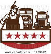 Vector Clip Art of Retro Male Pressure Washer Worker Standing with a Wand over His Shoulder and Big Rig Trucks over a Banner with Stars by Patrimonio
