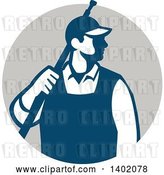 Vector Clip Art of Retro Male Pressure Washer Worker Standing with a Wand over His Shoulder in a Gray Circle by Patrimonio