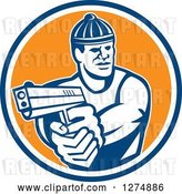 Vector Clip Art of Retro Male Robber Pointing a Gun in a Blue White and Orange Circle by Patrimonio
