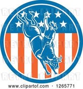 Vector Clip Art of Retro Male Rodeo Cowboy on a Bucking Bull in an American Flag Circle by Patrimonio
