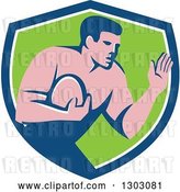 Vector Clip Art of Retro Male Rugby Player Fending off in a Blue White and Green Shield by Patrimonio