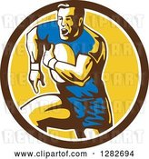 Vector Clip Art of Retro Male Rugby Player Running in a Brown White and Yellow Circle by Patrimonio