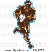 Vector Clip Art of Retro Male Rugby Player Running with the Ball, Outlined in Blue and White by Patrimonio