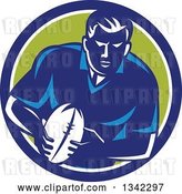 Vector Clip Art of Retro Male Rugby Player with the Ball Inside a Blue White and Green Circle by Patrimonio
