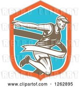 Vector Clip Art of Retro Male Runner Breaking Through a Finish Line in a Taupe Orange White and Blue Shield by Patrimonio