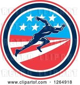 Vector Clip Art of Retro Male Runner Sprinting in an American Flag Circle by Patrimonio