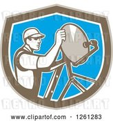 Vector Clip Art of Retro Male Satellite Installer Adjusting a Dish in a Brown White and Blue Shield by Patrimonio