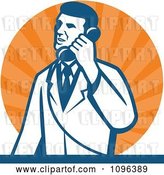 Vector Clip Art of Retro Male Scientist Talking on a Telephone over Orange Rays by Patrimonio