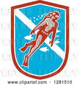 Vector Clip Art of Retro Male Scuba Diver with Fish in a Red White and Blue Shield by Patrimonio