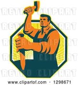 Vector Clip Art of Retro Male Sculptor Striking a Chisel in a Yellow Sunshine Octagon by Patrimonio