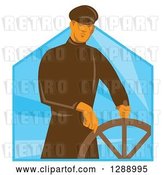 Vector Clip Art of Retro Male Sea Captain at the Helm Wheel over Blue Rays by Patrimonio