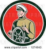 Vector Clip Art of Retro Male Sea Captain at the Wheel in a Black White and Red Circle by Patrimonio