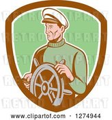 Vector Clip Art of Retro Male Sea Captain at the Wheel in a Brown White and Green Shield by Patrimonio