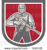 Vector Clip Art of Retro Male Soldier Holding an Assault Rifle in a Shield by Patrimonio