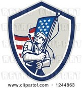 Vector Clip Art of Retro Male Soldier Waving an American Flag in a Shield by Patrimonio