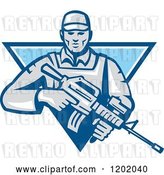Vector Clip Art of Retro Male Soldier with an Assault Rifle in a Blue Triangle by Patrimonio