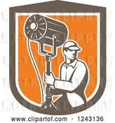 Vector Clip Art of Retro Male Stage Worker Moving a Lighting Stand in a Shield by Patrimonio