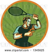 Vector Clip Art of Retro Male Tennis Player Athlete Pointing and Holding up a Racket in a Green Ray and Orange Circle by Patrimonio