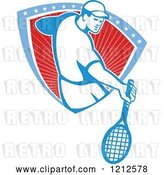 Vector Clip Art of Retro Male Tennis Player Emerging from a Stars and Stripes Shield by Patrimonio