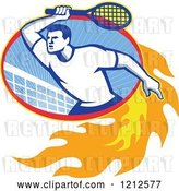 Vector Clip Art of Retro Male Tennis Player in a Flaming Oval with a Net by Patrimonio