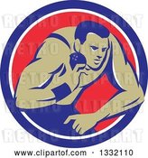 Vector Clip Art of Retro Male Track and Field Shot Put Athlete Throwing in a Blue White and Red Circle by Patrimonio