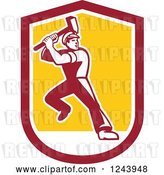 Vector Clip Art of Retro Male Union Worker Swinging a Sledgehammer in a Shield by Patrimonio