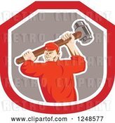 Vector Clip Art of Retro Male Union Worker Swinging a Sledgehammer in a Shield by Patrimonio