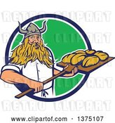 Vector Clip Art of Retro Male Viking Warrior Baker Holding a Peel with Bread Dough, Emerging from a Blue White and Gree Circle by Patrimonio