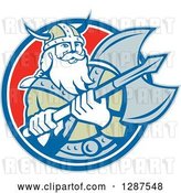 Vector Clip Art of Retro Male Viking Warrior with a Battle Axe in a Blue White and Red Circle by Patrimonio