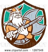 Vector Clip Art of Retro Male Viking Warrior with a Battle Axe in a Brown White and Turquoise Shield by Patrimonio