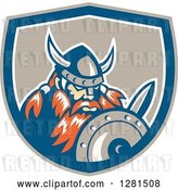 Vector Clip Art of Retro Male Viking Warrior with a Sword and Shield Inside a Taupe Blue and White Crest by Patrimonio