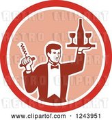 Vector Clip Art of Retro Male Waiter Serving Wine in a Pink and Red Circle by Patrimonio