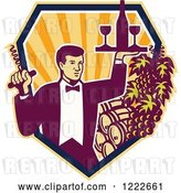 Vector Clip Art of Retro Male Waiter Serving Wine over Barrels in a Shield of Rays by Patrimonio