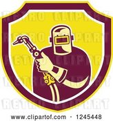 Vector Clip Art of Retro Male Welder Holding His Tool in a Shield by Patrimonio