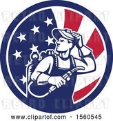 Vector Clip Art of Retro Male Welder Looking Back over His Shoulder in an American Flag Circle by Patrimonio