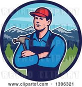 Vector Clip Art of Retro Male White Carpenter with Folded Arms, Holding a Hammer in a Circle of Mountains by Patrimonio