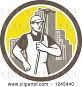 Vector Clip Art of Retro Male Window Washer Holding a Squeegee in a City Circle by Patrimonio