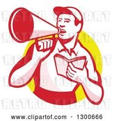 Vector Clip Art of Retro Male Worker Holding a Book and Using a Bullhorn in a Yellow Circle by Patrimonio