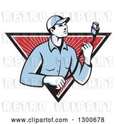Vector Clip Art of Retro Male Worker Holding a HDMI Cable and Emerging from a Black White and Red Rays Triangle by Patrimonio