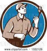 Vector Clip Art of Retro Male Worker Holding a HDMI Cable and Emerging from a Brown White and Blue Circle by Patrimonio
