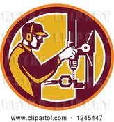 Vector Clip Art of Retro Male Worker Operating a Drill Press in a Circle by Patrimonio