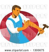 Vector Clip Art of Retro Male Worker Rolling up a Sleeve and Holding a Hammer over an Oval of Red Rays by Patrimonio