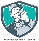 Vector Clip Art of Retro Male Worker Shouting in a Gray White and Turquoise Shield by Patrimonio