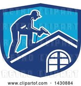 Vector Clip Art of Retro Male Worker Using a Hand Drill on a Roof in a Blue Crest by Patrimonio